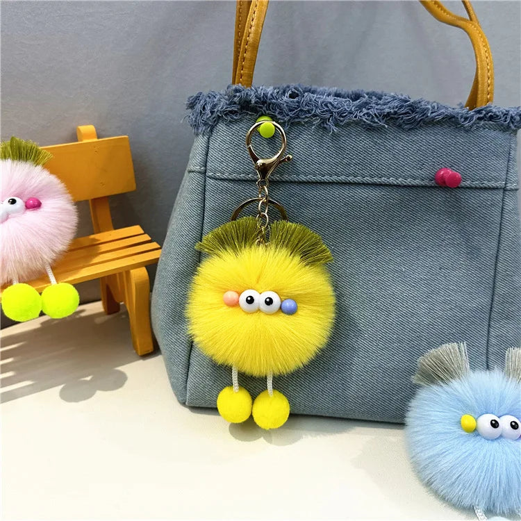 HKM-343123 Cute Cartoon Doll Keychain with Furry Ball Handbag Pendant for Kids and Teens