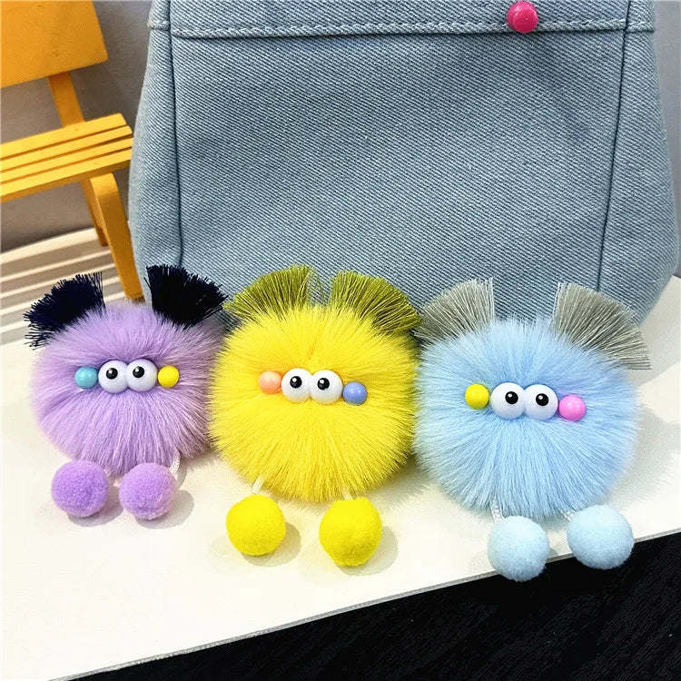 HKM-343123 Cute Cartoon Doll Keychain with Furry Ball Handbag Pendant for Kids and Teens
