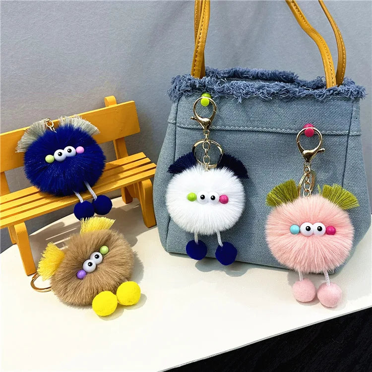 HKM-343123 Cute Cartoon Doll Keychain with Furry Ball Handbag Pendant for Kids and Teens