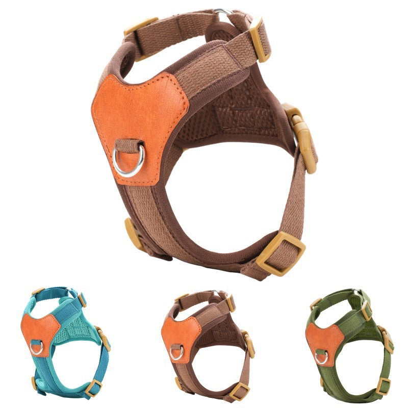 HKM-343635 Retro Hand-Holding Rope Pet Harness in Brown, Green, and Blue - Polyester Material