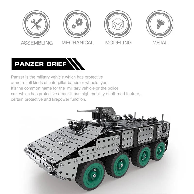 HKM-344019 Metal Military Armored Car Model Kit - 797 PCS Stainless Steel 3D Construction Puzzle Toy for Ages 8 and Up
