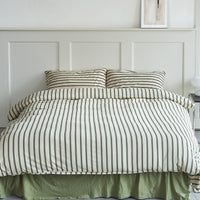 HKM-344211 Double Bed Fitted Sheet Set with Stripe Design in Cotton - Includes Fitted Sheet, Quilt Cover, and Pillowcases