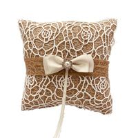 HKM-344339 Pearl Bowknot Ring Pillow Box for Weddings and Engagements in Jute with Lace and Rhinestone Accents