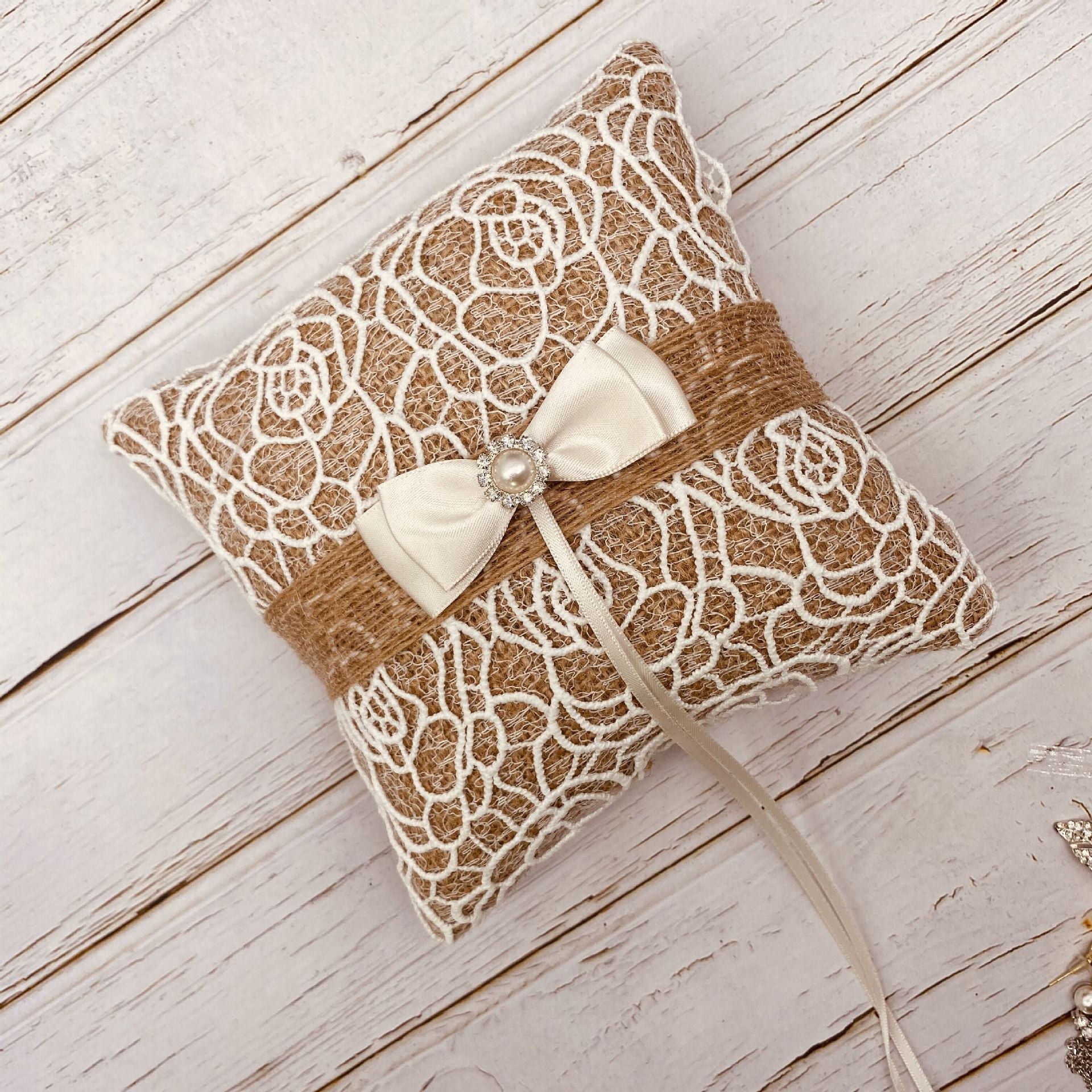 HKM-344339 Pearl Bowknot Ring Pillow Box for Weddings and Engagements in Jute with Lace and Rhinestone Accents
