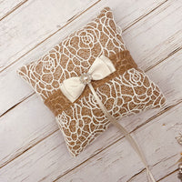 HKM-344339 Pearl Bowknot Ring Pillow Box for Weddings and Engagements in Jute with Lace and Rhinestone Accents