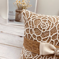 HKM-344339 Pearl Bowknot Ring Pillow Box for Weddings and Engagements in Jute with Lace and Rhinestone Accents
