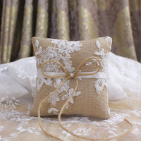 HKM-344339 Pearl Bowknot Ring Pillow Box for Weddings and Engagements in Jute with Lace and Rhinestone Accents