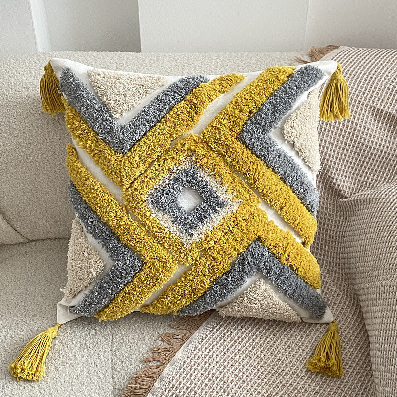 HKM-344403 Bohemian Tufted Pentagram Pillow - Cotton, Multiple Geometric Designs