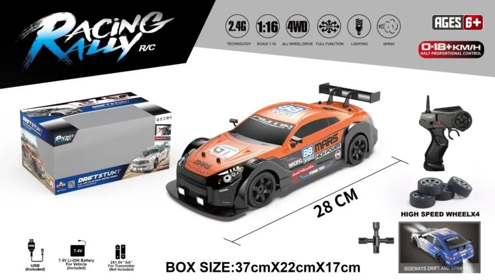HKM-344403 Electric 1/16 Scale Remote Control Drift Car - 18KM/H Speed, 2.4GHz, Indoor/Outdoor for Ages 5+