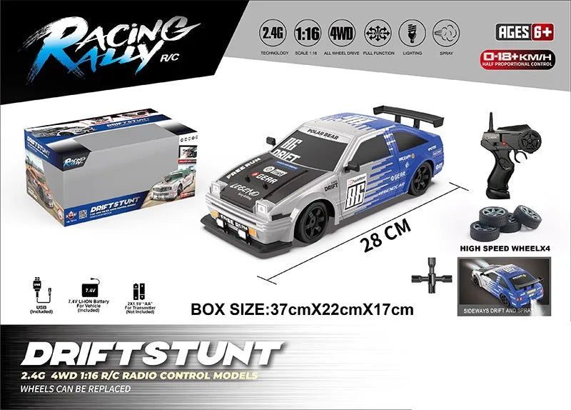 HKM-344403 Electric 1/16 Scale Remote Control Drift Car - 18KM/H Speed, 2.4GHz, Indoor/Outdoor for Ages 5+