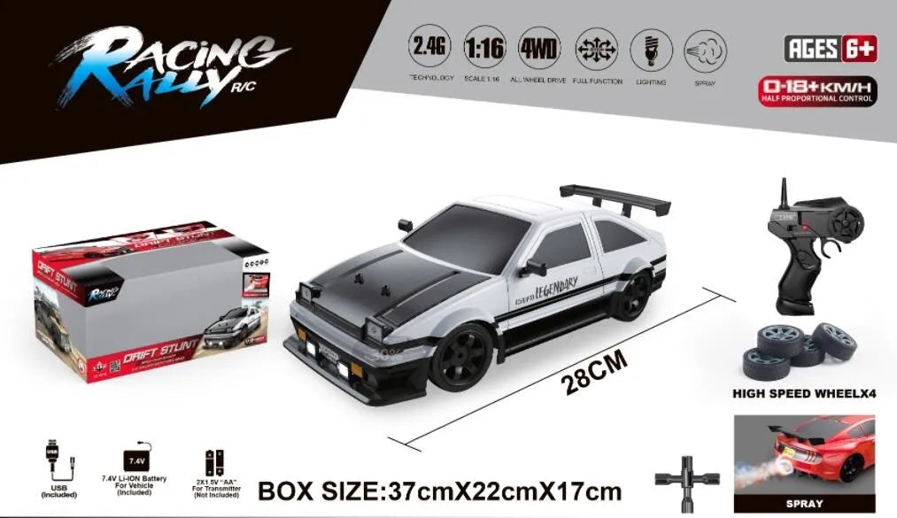 HKM-344403 Electric 1/16 Scale Remote Control Drift Car - 18KM/H Speed, 2.4GHz, Indoor/Outdoor for Ages 5+
