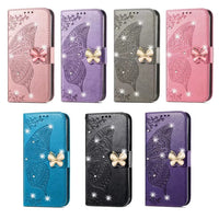 HKM-344531 Diamond-Encrusted Butterfly Embossed Leather Phone Case for Samsung - Shockproof & Magnetic Closure
