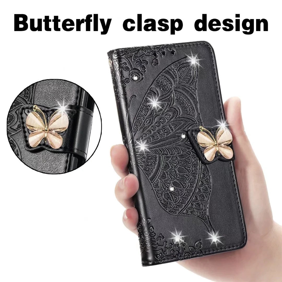 HKM-344531 Diamond-Encrusted Butterfly Embossed Leather Phone Case for Samsung - Shockproof & Magnetic Closure