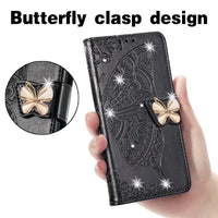 HKM-344531 Diamond-Encrusted Butterfly Embossed Leather Phone Case for Samsung - Shockproof & Magnetic Closure