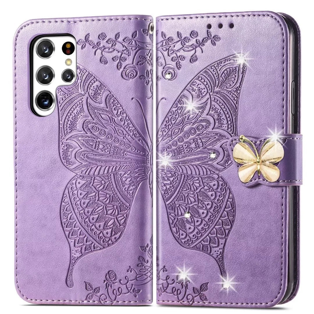 HKM-344531 Diamond-Encrusted Butterfly Embossed Leather Phone Case for Samsung - Shockproof & Magnetic Closure
