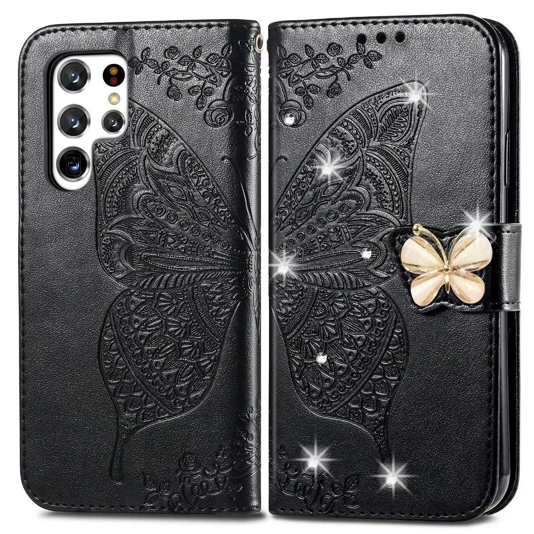 HKM-344531 Diamond-Encrusted Butterfly Embossed Leather Phone Case for Samsung - Shockproof & Magnetic Closure