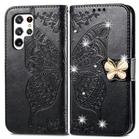 HKM-344531 Diamond-Encrusted Butterfly Embossed Leather Phone Case for Samsung - Shockproof & Magnetic Closure