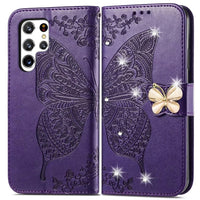 HKM-344531 Diamond-Encrusted Butterfly Embossed Leather Phone Case for Samsung - Shockproof & Magnetic Closure
