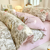 HKM-344595 Cotton Floral Bedding Set - 4-Piece Collection with Duvet Cover, Bed Sheet, and Pillowcases