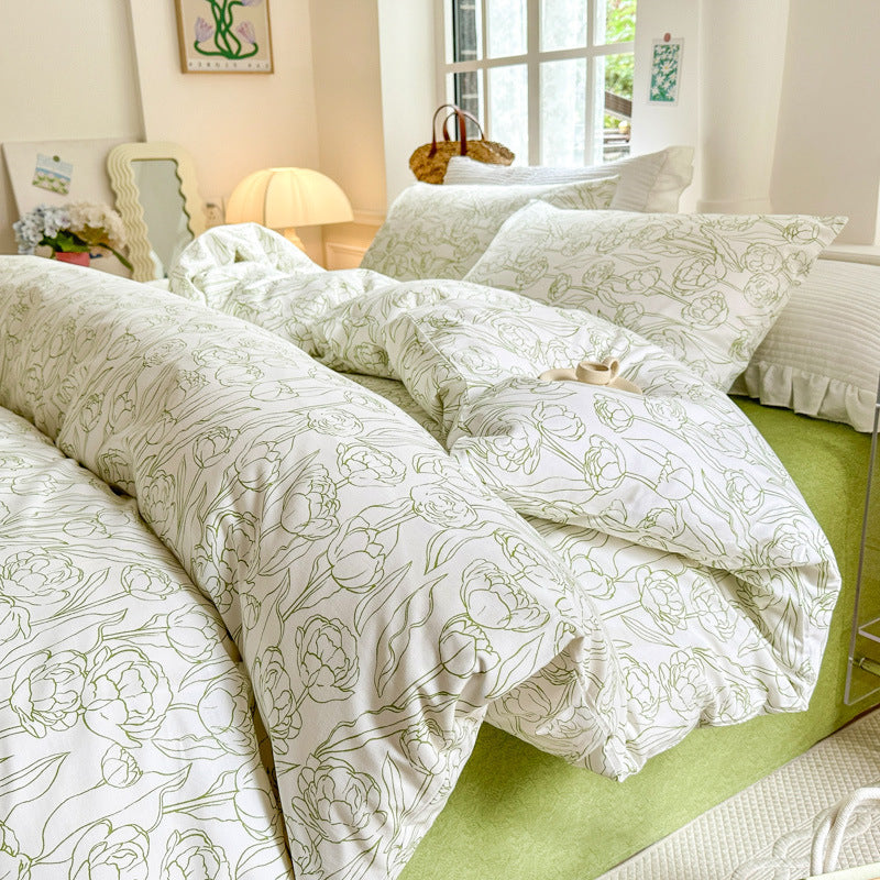 HKM-344595 Cotton Floral Bedding Set - 4-Piece Collection with Duvet Cover, Bed Sheet, and Pillowcases