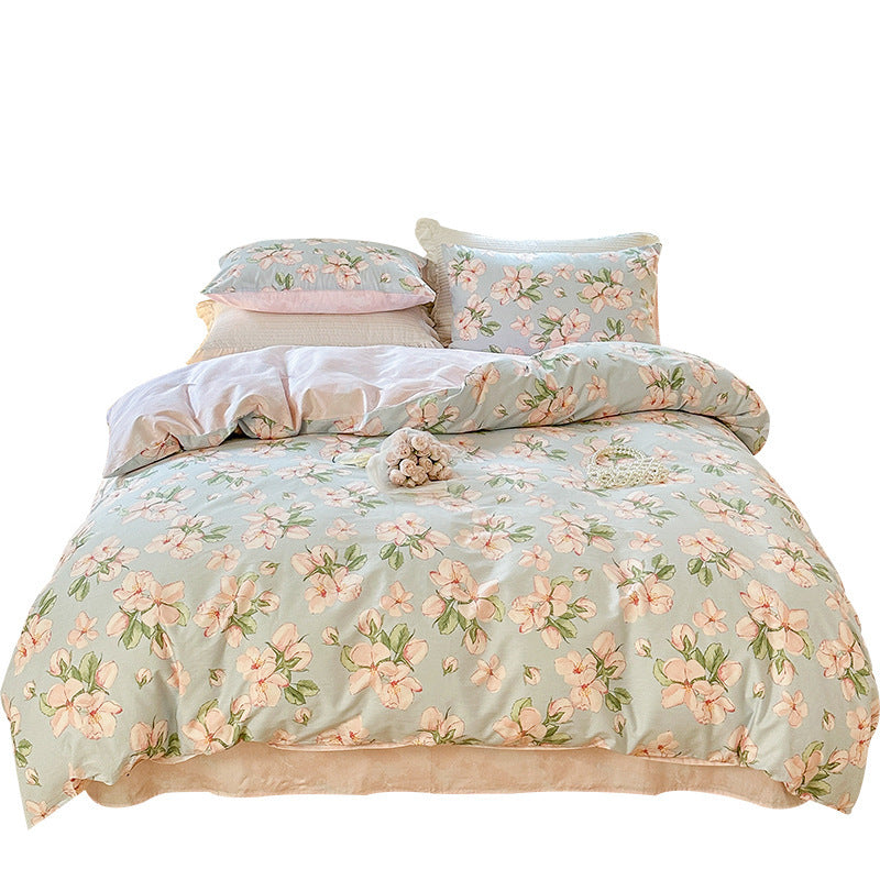 HKM-344595 Cotton Floral Bedding Set - 4-Piece Collection with Duvet Cover, Bed Sheet, and Pillowcases