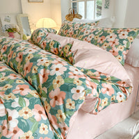 HKM-344595 Cotton Floral Bedding Set - 4-Piece Collection with Duvet Cover, Bed Sheet, and Pillowcases