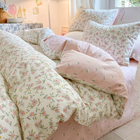 HKM-344595 Cotton Floral Bedding Set - 4-Piece Collection with Duvet Cover, Bed Sheet, and Pillowcases