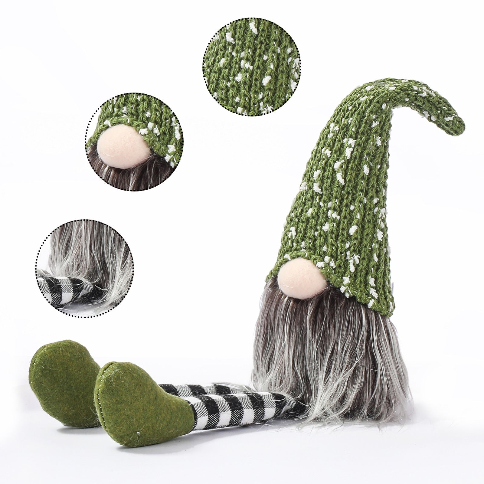 HKM-344723 Knitted Wool Doll with Long Legs for Christmas Decoration - Khaki, Green, and White