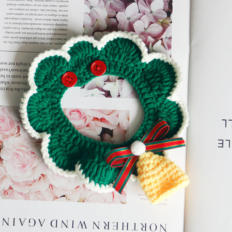 HKM-345107 Christmas-Themed Knitted Scarf with Decorative Bells and Ribbons