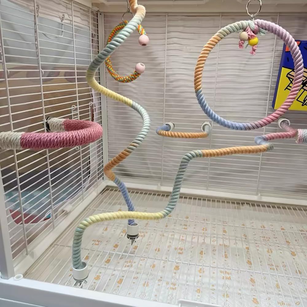 HKM-345363 Gradient Color Bird Rope Perch Stand for Cockatiels, Parakeets, and Sugar Gliders - Bendable Climbing Toy