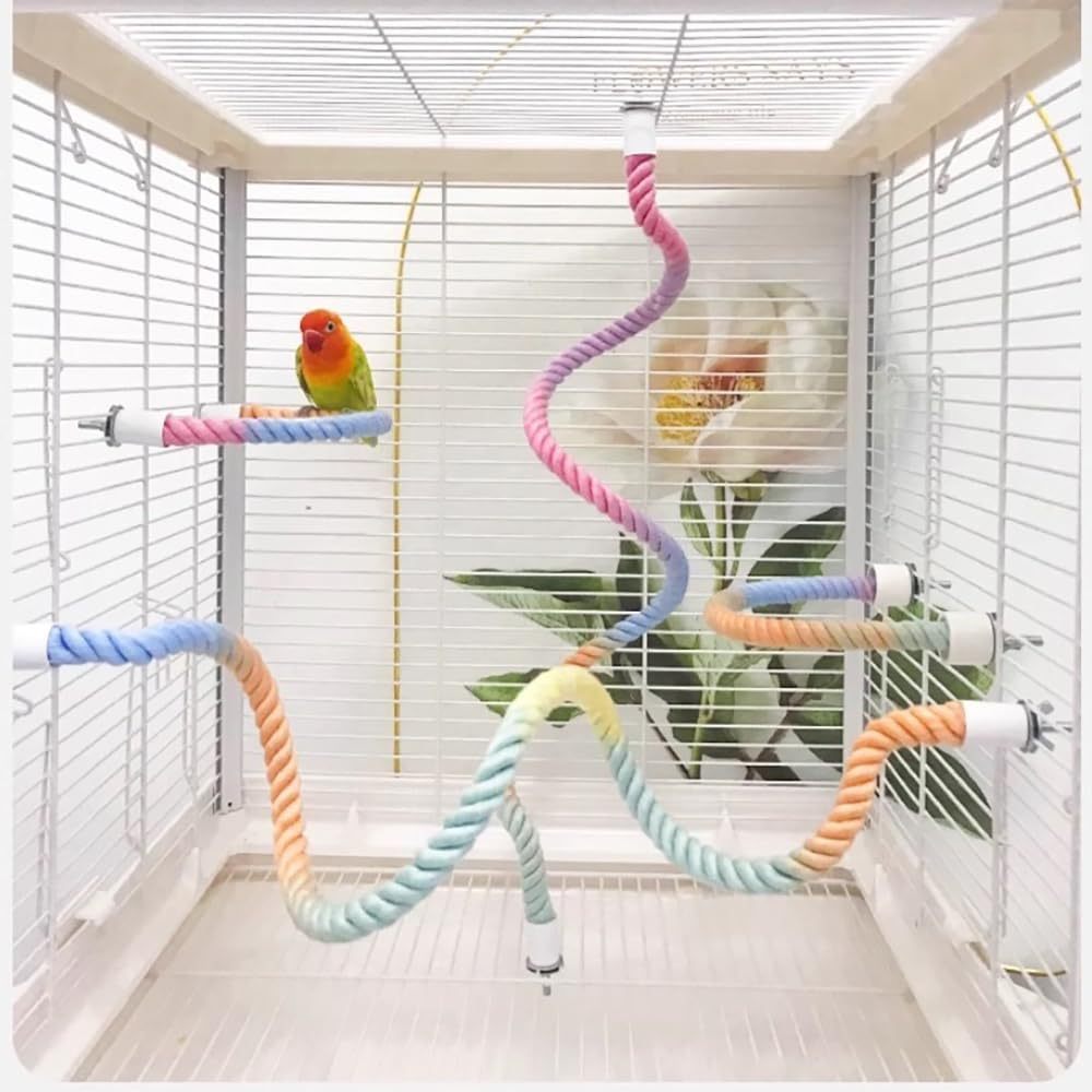 HKM-345363 Gradient Color Bird Rope Perch Stand for Cockatiels, Parakeets, and Sugar Gliders - Bendable Climbing Toy