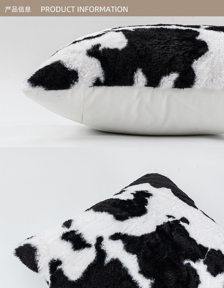 HKM-345555 Black and White Cow Pattern Plush Velvet Pillow for Sofa and Bed