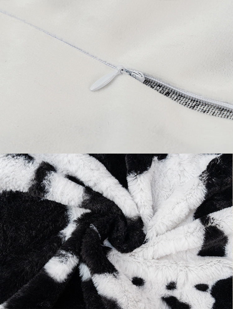 HKM-345555 Black and White Cow Pattern Plush Velvet Pillow for Sofa and Bed