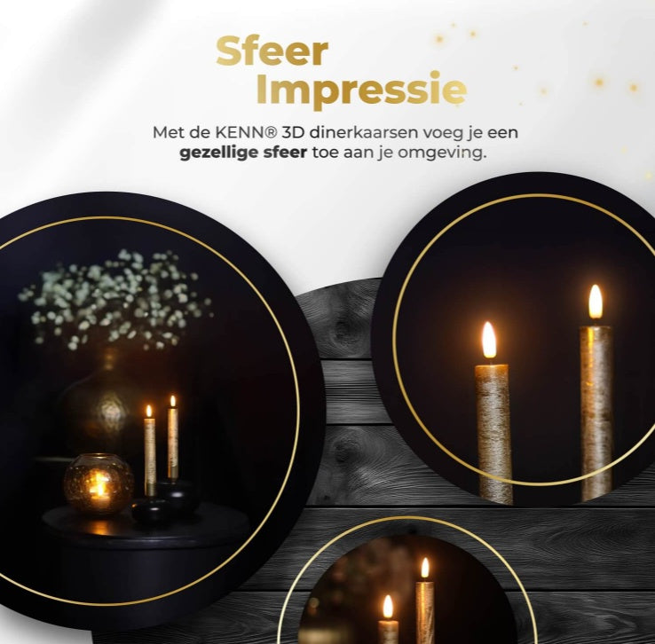 HKM-345555 Gold 3D Flame LED Taper Candle - 2.2 cm Diameter, 18 cm Height