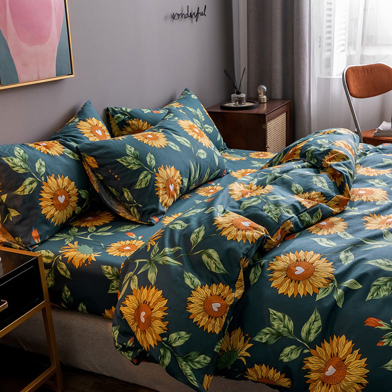 HKM-345747 Four-Piece 100% Cotton Nordic Style Bed Sheet and Quilt Cover Set with Floral Patterns