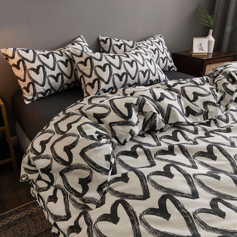 HKM-345747 Four-Piece 100% Cotton Nordic Style Bed Sheet and Quilt Cover Set with Floral Patterns