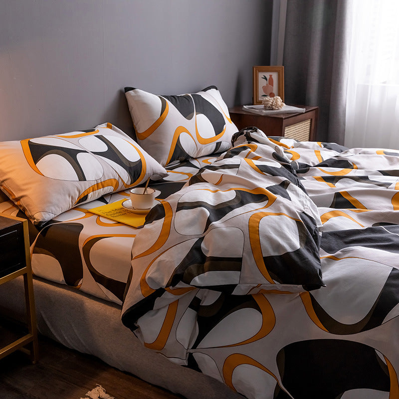 HKM-345747 Four-Piece 100% Cotton Nordic Style Bed Sheet and Quilt Cover Set with Floral Patterns