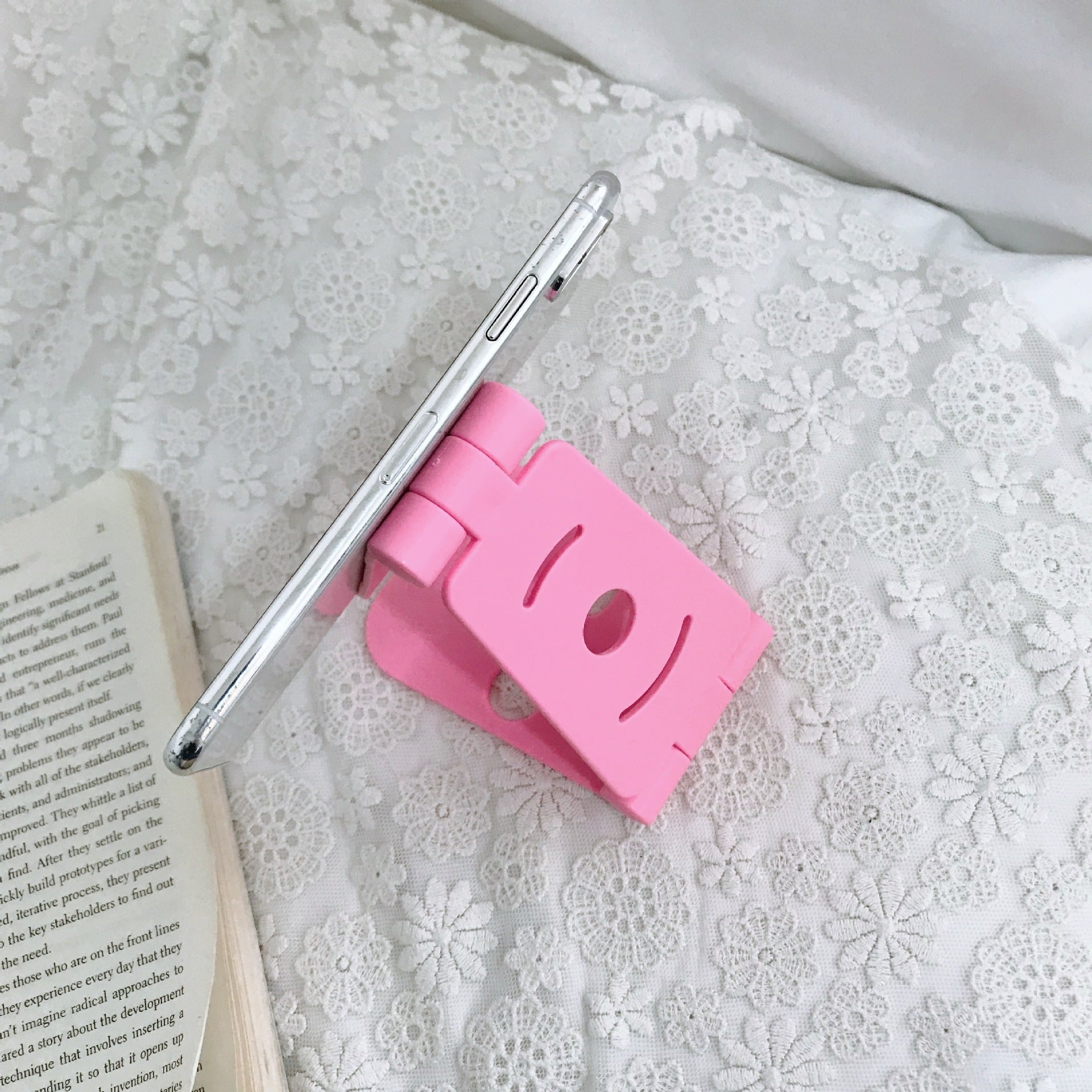 HKM-345811 Folding Mobile Phone Stand with Adjustable Support - ABS Material in Green, White, Black, and Pink