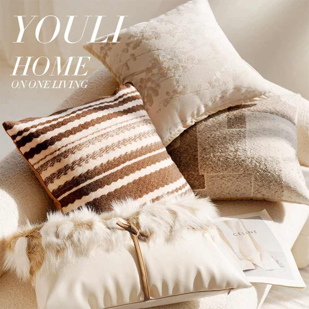 HKM-345875 Nordic Style Geometric Throw Pillow Cover with Tassels - Caramel Cotton Linen Blend, 45x45CM / 30x50CM