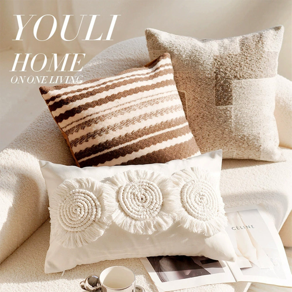 HKM-345875 Nordic Style Geometric Throw Pillow Cover with Tassels - Caramel Cotton Linen Blend, 45x45CM / 30x50CM