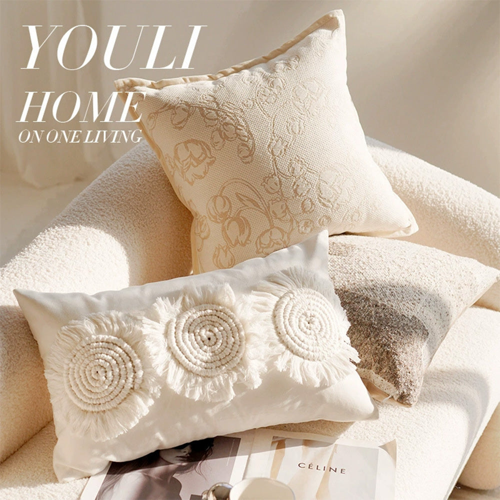HKM-345875 Nordic Style Geometric Throw Pillow Cover with Tassels - Caramel Cotton Linen Blend, 45x45CM / 30x50CM