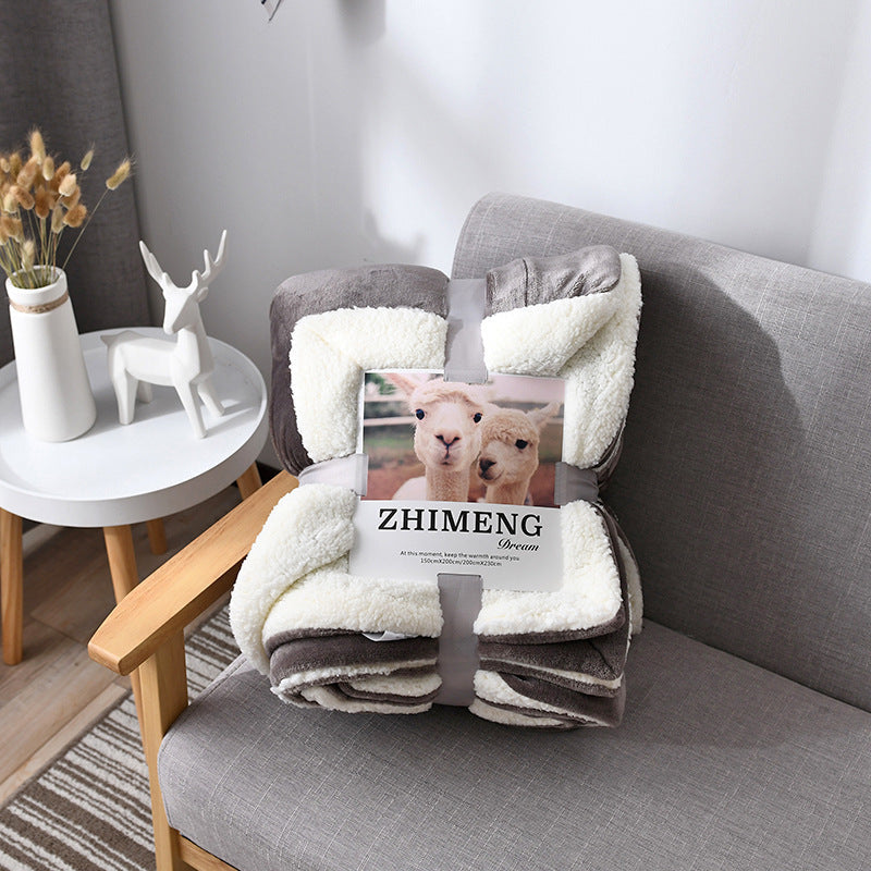 HKM-346579 Double Layer Lamb Wool Blanket - Glossy Flannel & Soft Velvet, Simple Modern Design