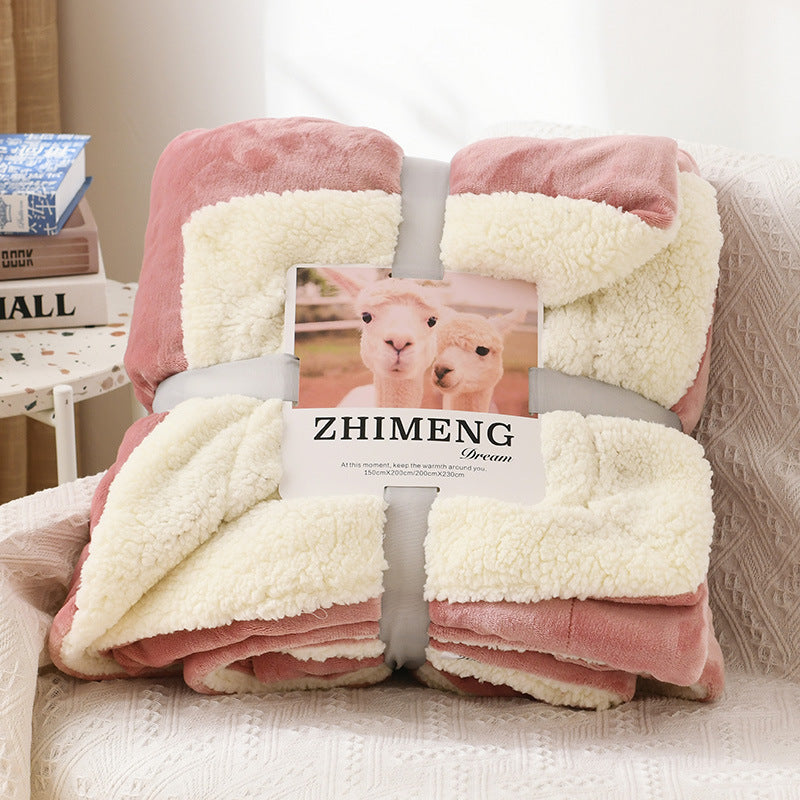 HKM-346579 Double Layer Lamb Wool Blanket - Glossy Flannel & Soft Velvet, Simple Modern Design