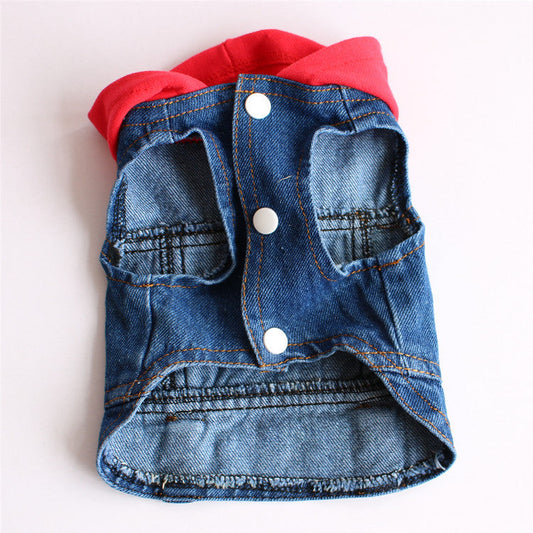 HKM-347411 Spring Denim Hooded Pet Clothes in Red, Black, and White - Casual Style for All Sizes