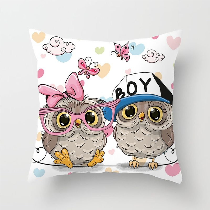 HKM-348435 Modern Owl Animal Pillowcase Cushion Cover in Peach Skin Fabric