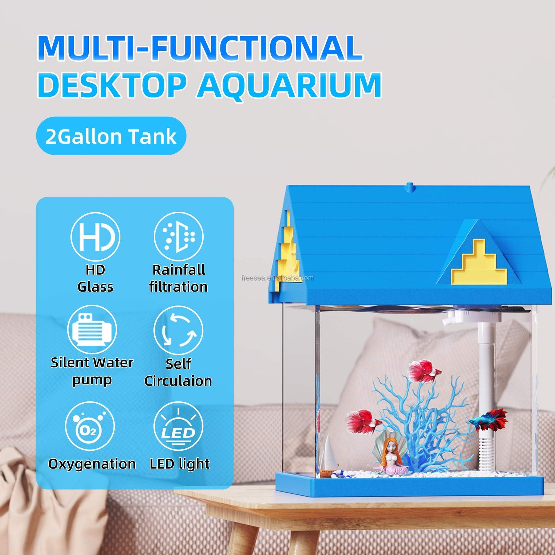 HKM-348563 2-Gallon Clear Acrylic Fish Tank with Filtration and Lighting for Shrimp, Jellyfish, and Goldfish
