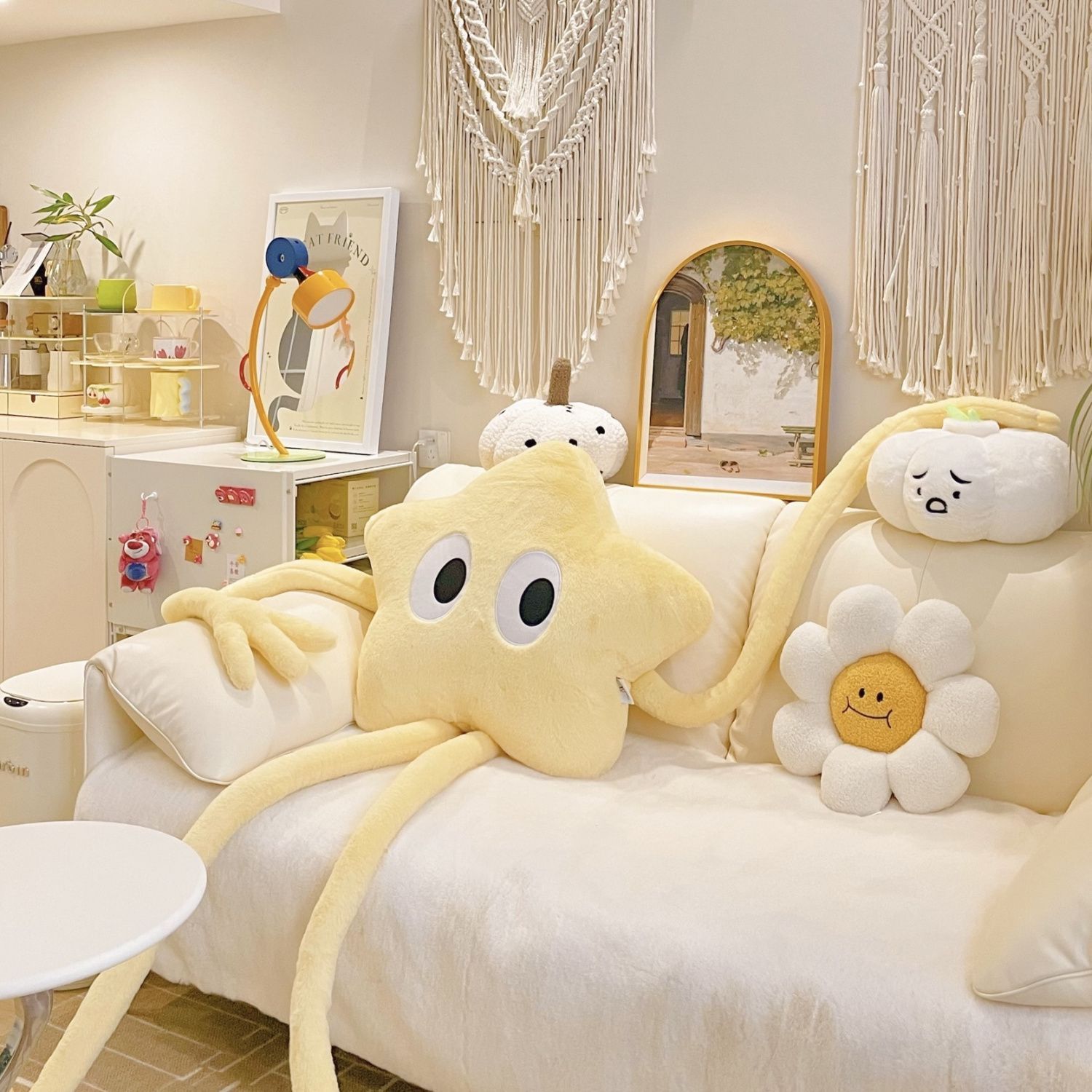 HKM-349011 Plush Cartoon Anime Pillow Doll - Long Legs Briquette, Pink Flower, or Small Yellow Star - Creative Sofa Bedroom Accent