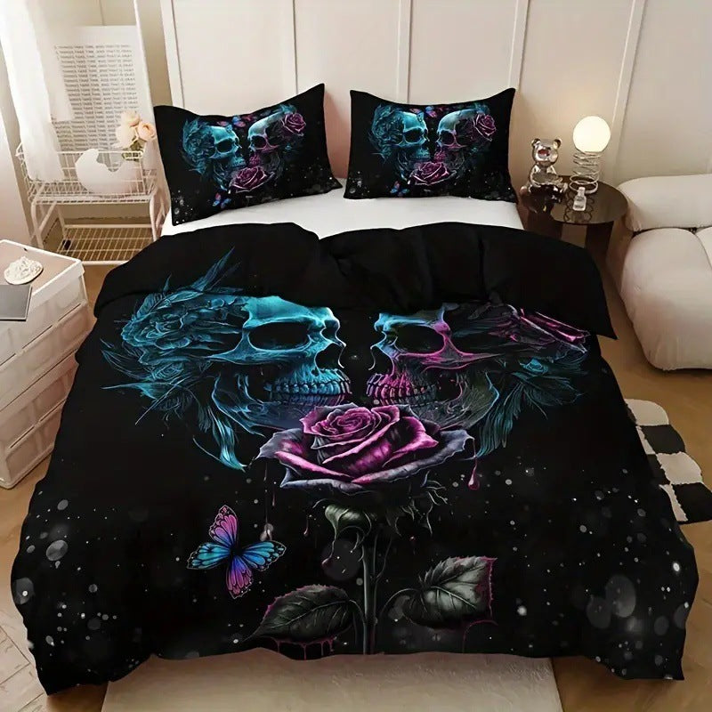 HKM-349203 Cartoon Anime Rose Skull Bedding Set - Available in Multiple Sizes