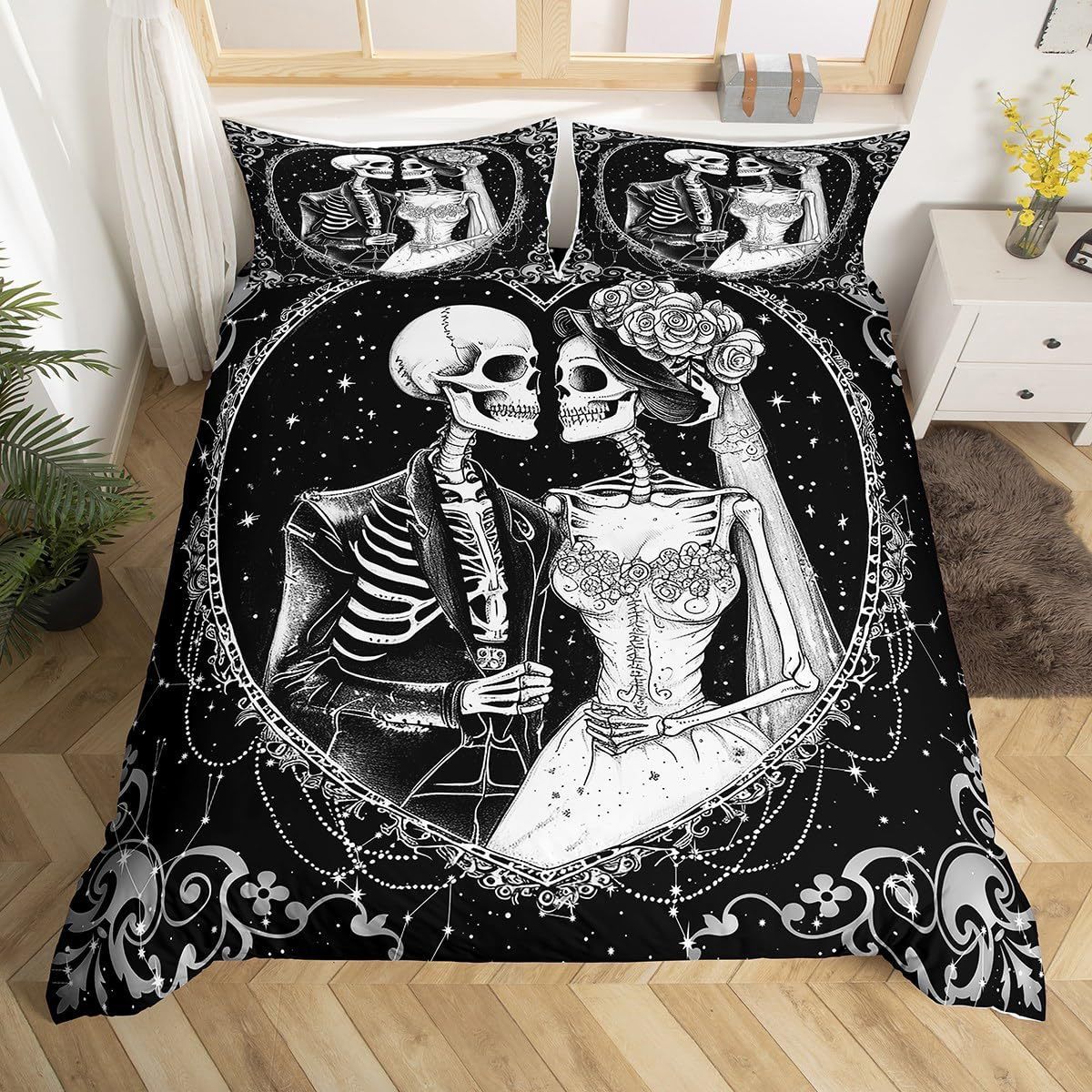HKM-349203 Cartoon Anime Rose Skull Bedding Set - Available in Multiple Sizes