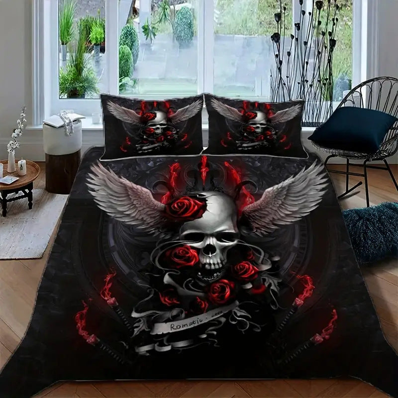HKM-349203 Cartoon Anime Rose Skull Bedding Set - Available in Multiple Sizes